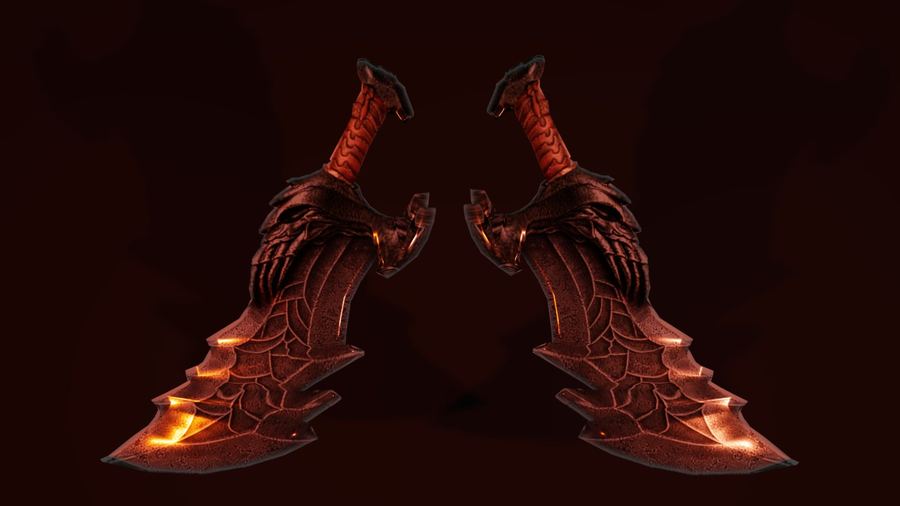 Render 3D creado en Blender: par de dagas curvas con grabados y brillo de lava