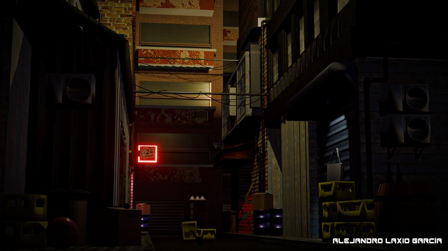 Render 3D creado en Blender: callejón urbano nocturno con letrero de neón 24 horas