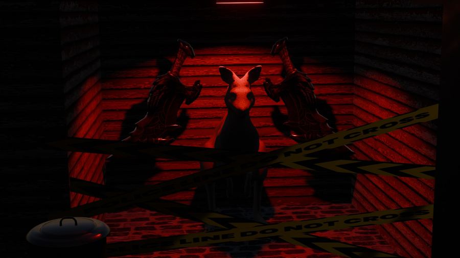 Render 3D creado en Blender: escena en tonos rojos con silueta de canguro y cinta policial