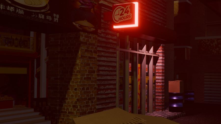 Render 3D creado en Blender: fachada de tienda nocturna con letrero de neón