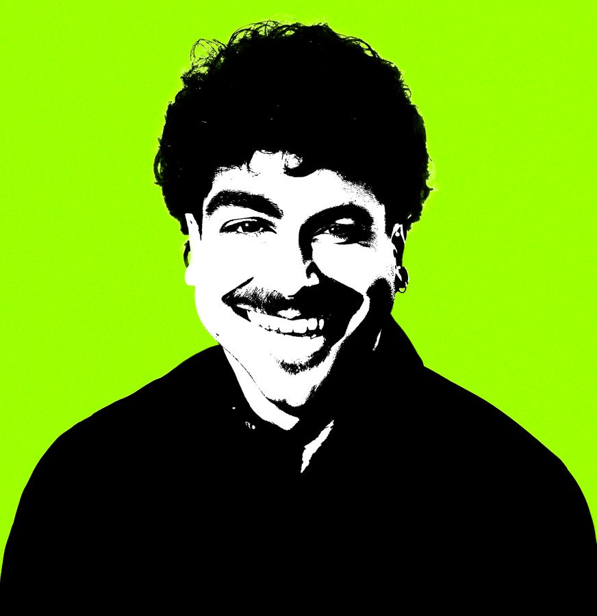 Retrato posterizado en alto contraste sobre fondo verde flúor, pieza de identidad y marca personal